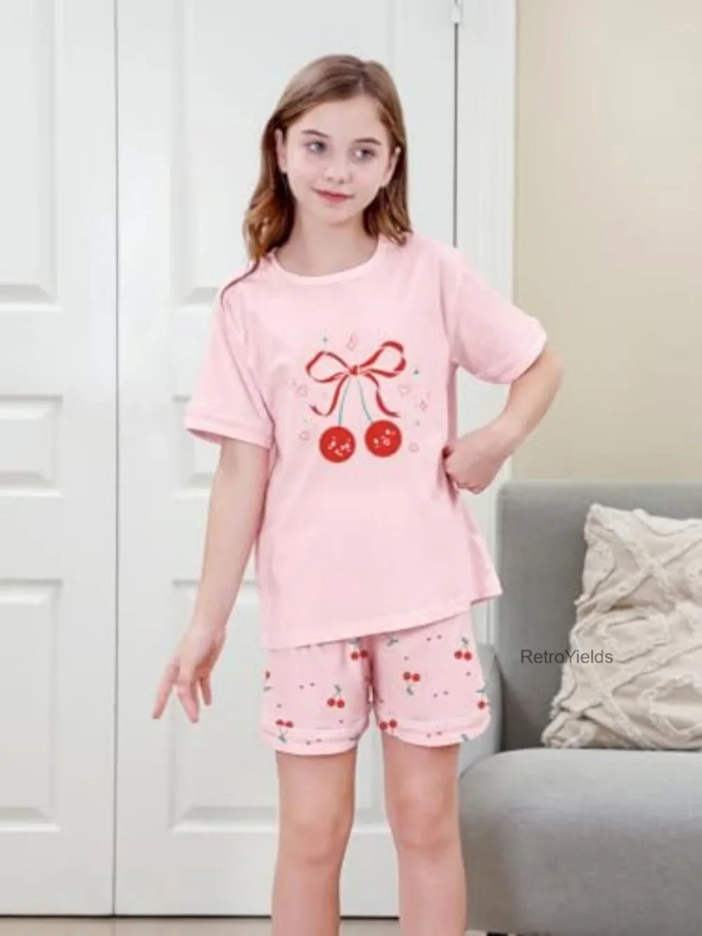 3PC Cotton Pajama Set Short Sleeve Tee Shorts Pants Girls Sleepwear Lounge